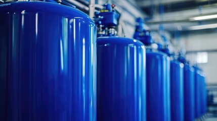Obraz premium Close-up of blue industrial tanks with advanced piping in a modern factory, showcasing cutting-edge technology. No people.