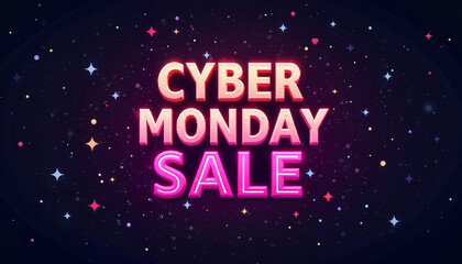 Colorful "Cyber Monday Sale" text with starry background, festive shopping event theme, vibrant design