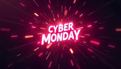 Explosive "Cyber Monday" text with dynamic light trails, digital shopping event theme, vibrant design