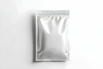 Shiny silver packaging of a vacuum-sealed product on a white background