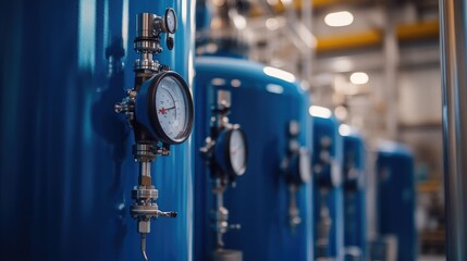Close-up of industrial blue tanks with precision valves and gauges in a futuristic production plant. No people.