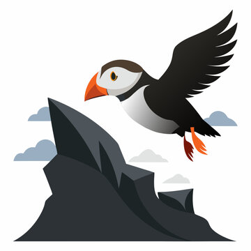 recommend clip art: A puffin flying over cliffs silhouette vector illustration on white background