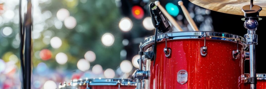 Close-up, Red Drum Set Awaits the Drummer on an Outdoor Stage, Sparkling in the Summer Sun.