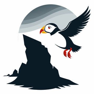 recommend clip art: A puffin flying over cliffs silhouette vector illustration on white background