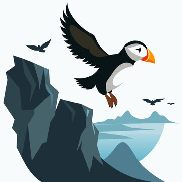 recommend clip art: A puffin flying over cliffs silhouette vector illustration on white background