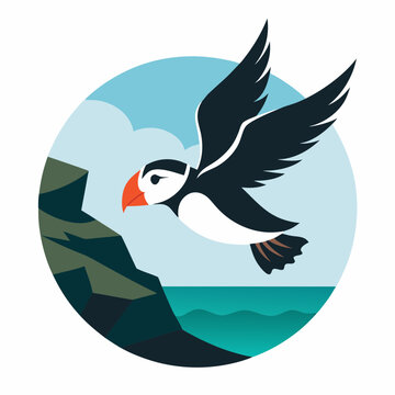 recommend clip art: A puffin flying over cliffs silhouette vector illustration on white background