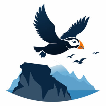 recommend clip art: A puffin flying over cliffs silhouette vector illustration on white background