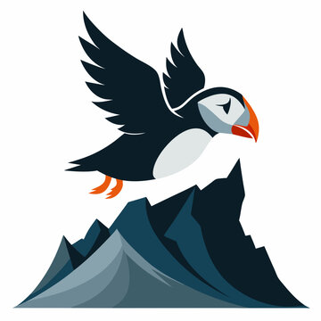 recommend clip art: A puffin flying over cliffs silhouette vector illustration on white background