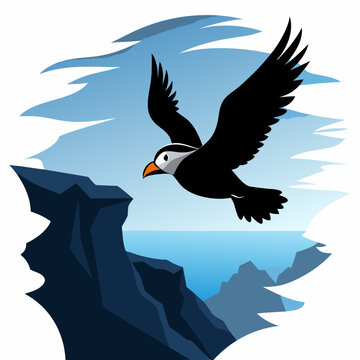 recommend clip art: A puffin flying over cliffs silhouette vector illustration on white background