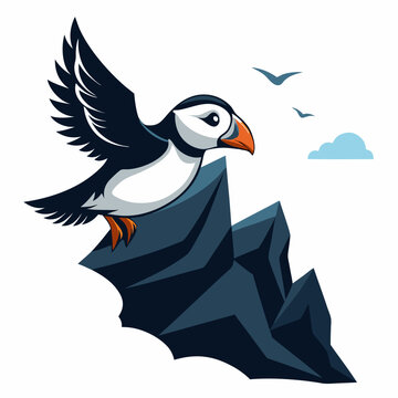 recommend clip art: A puffin flying over cliffs silhouette vector illustration on white background