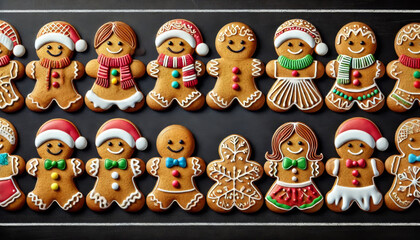 A highly detailed and realistic image of a row of gingerbread cookies decorated with icing on a black chalkboard background