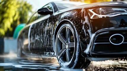 Fototapeta premium A car being washed with high-pressure water, a car washing concept