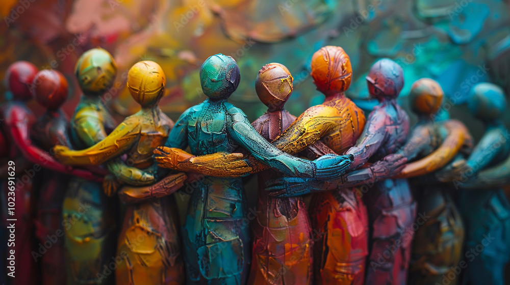 Poster colorful, abstract painted figures of various shapes and sizes interlocking in a harmonious arrangem