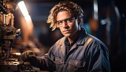 Obraz premium Punching and forming mechanic in factory environment with protective clothing