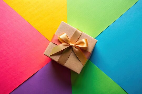 Abstract colored paper art background with a gilf box in bird's eye view