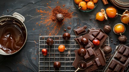 Decadent Delights Physalis Dipped in Dark Chocolate on Wire Rack Gourmet Dessert Ingredients