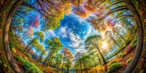 Abstract colorful fisheye lens photography of mystical kaleidoscope patterns in enchanted unknown landscapes