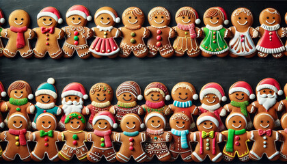 A highly detailed and realistic image of a row of gingerbread cookies decorated with icing on a black chalkboard background
