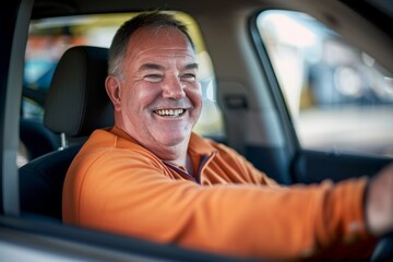 Obraz premium Positive middle aged businessman driving his luxury auto, looking through open window and smiling, going home after working day