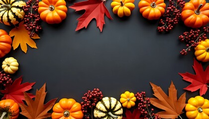 Autumn flat lay, pumpkins, berries, gourds, foliage, black background, copy space, card mockup, thanksgiving, halloween