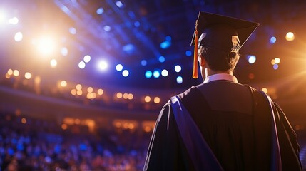 Graduate Standing on Stage in Cap and Gown, Back Facing the Audience, Receiving Diploma, Bright Lighting and Bokeh Effects
