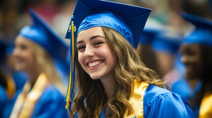 Happy Graduate Smiles in Blue Cap and Gown with Yellow Tassel at Ceremony