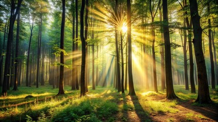 Harmonious blend of light and nature in forest with filtered sunlight