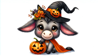 Naklejka premium Watercolor Clipart of a funny Halloween baby donkey, isolated on a white background