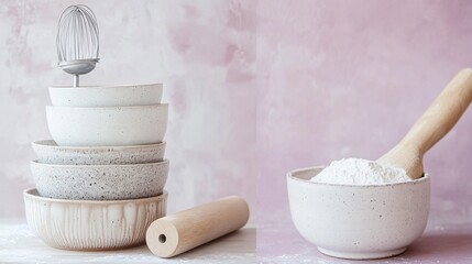 Stacked white ceramic bowls with a wooden rolling pin,  a whisk and a bowl of flour on a pink background.