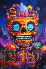 Obraz premium Day of the Dead surrealism with bizarre colors and floating altars.