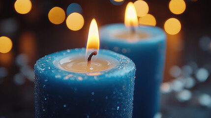 A set of blue candles glowing softly, creating a warm and inviting atmosphere for festive celebrations.