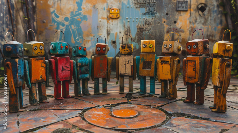 Poster multicolored wooden robots standing in a circle, each uniquely painted, showcasing diversity and uni