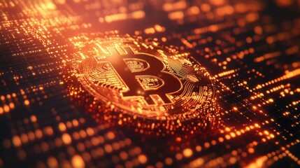 Bitcoin symbol over digital grid dynamic pattern glowing background minimal elements copy space