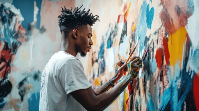 Artist creating street art young African American man with short black hair bright studio  copy space