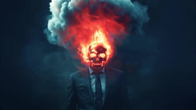 Death business, head skull businessman exploding, burning  in smoke fire, toxic finance war economy