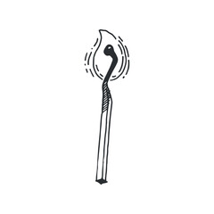 Burning match, vector illustration. Burning match of curved shape hand drawn with black ink on white background. Vector illustration. Suitable for Halloween invitations, cards, design.