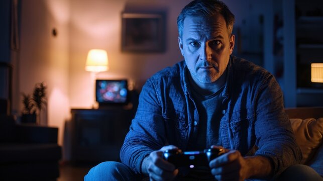 40 year old man sitting in a dimly lit room intensely focused on playing a video game with a controller in hand