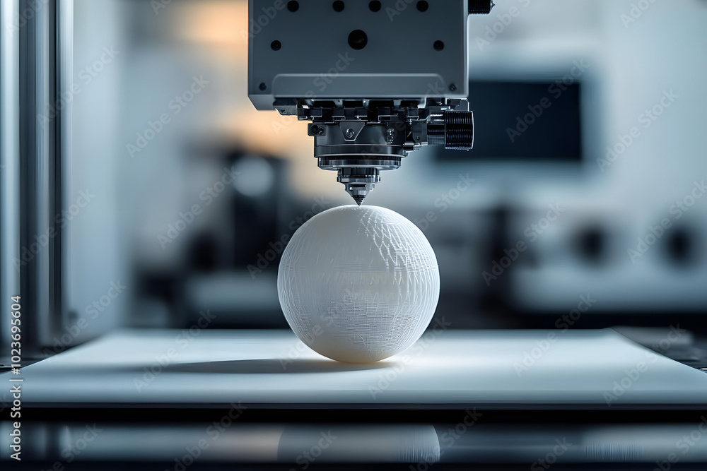 Poster a 3d printer is creating a white sphere. the sphere is being made of plastic and is being printed in
