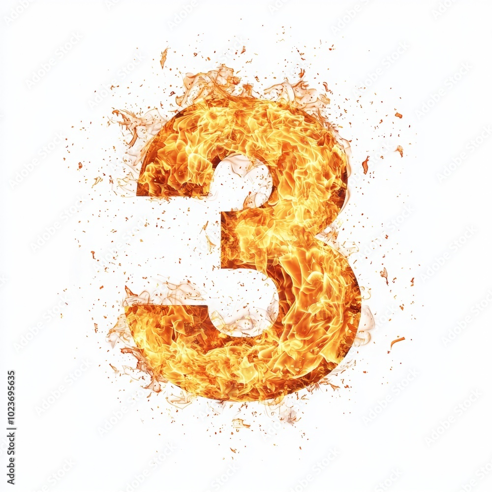 Poster fire effect forming the number 3 isolated on a white background
