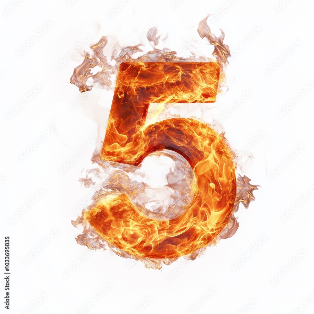 Poster fire effect forming the number 5 isolated on a white background