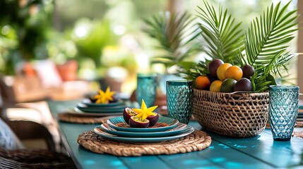 Naklejka premium A teal dining table with palm leaves and a vibrant display of passion fruit and star fruit in a rustic basket, surrounded by colorful plates and glasses,