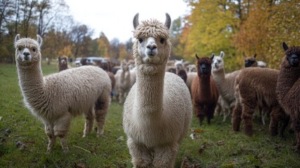 Fototapeta premium Farmers care for alpacas, shear wool, and produce alpaca-based products.