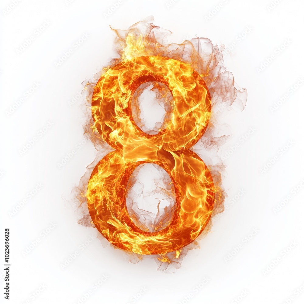 Poster fire effect forming the number 8 isolated on a white background