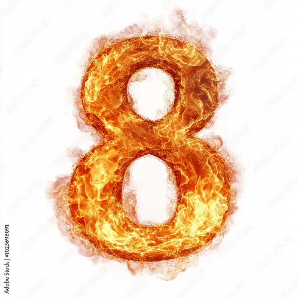 Poster fire effect forming the number 8 isolated on a white background