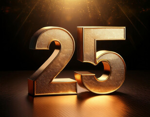 The impressive golden number 25 in a 3d rendering has a rich metallic texture with a reflective surface on dark bokeh background	