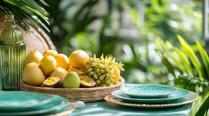 A teal table set in a tropical garden, decorated with palm leaves and a wicker tray overflowing with passion fruits and star fruits, with vibrant teal and gold-rimmed plates,