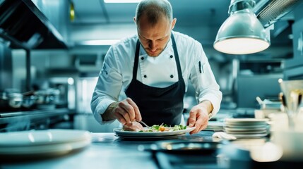 Chef plating dish professional kitchen bright lighting clean background