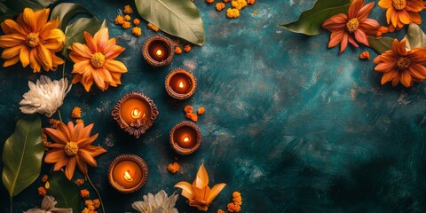 A blue background with orange flowers and candles. Scene is warm and inviting