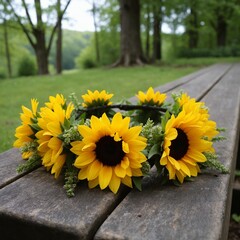 Sunflower crown on a wooden table in a lush green park