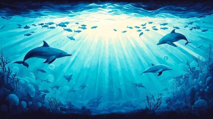 Obraz premium A serene underwater scene featuring dolphins swimming gracefully amidst vibrant marine life in crystal-clear blue water.